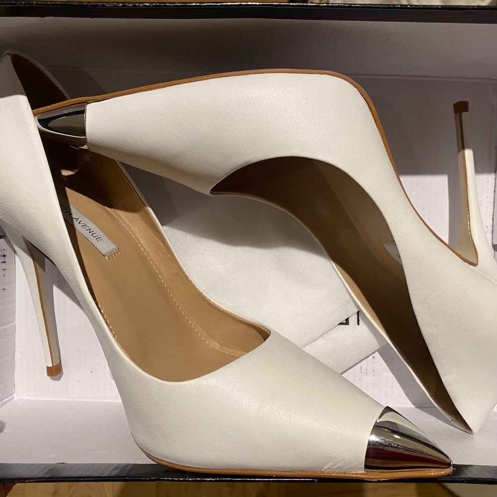 Saks Off Fifth Cap-Toe White Leather Stiletto Pumps
